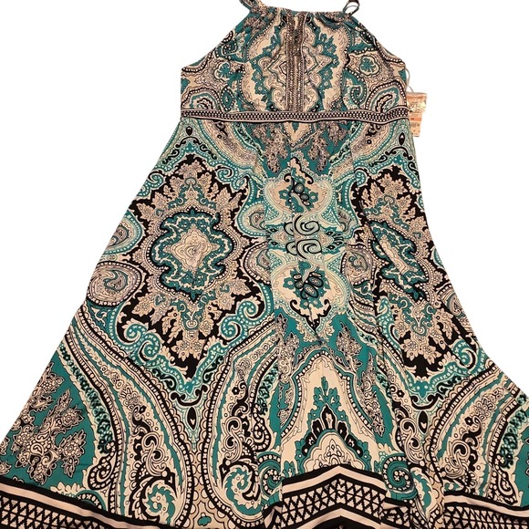 INC International Concepts 2X Maxi Dress Halter Paisley Sleeveless‎ Teal White - Picture 1 of 5